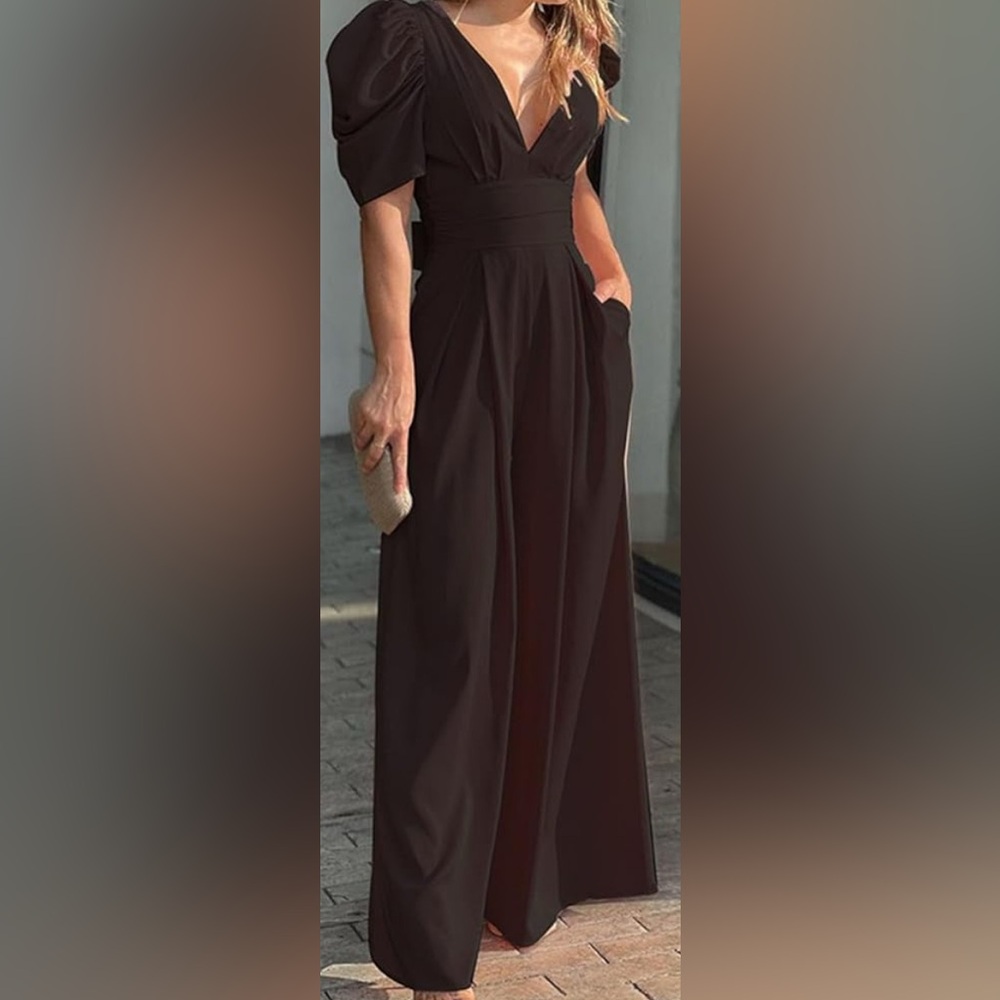 NEW Black Deep V-Neck Puff Sleeve Wide Leg Jumpsuit 2X 30” inseam